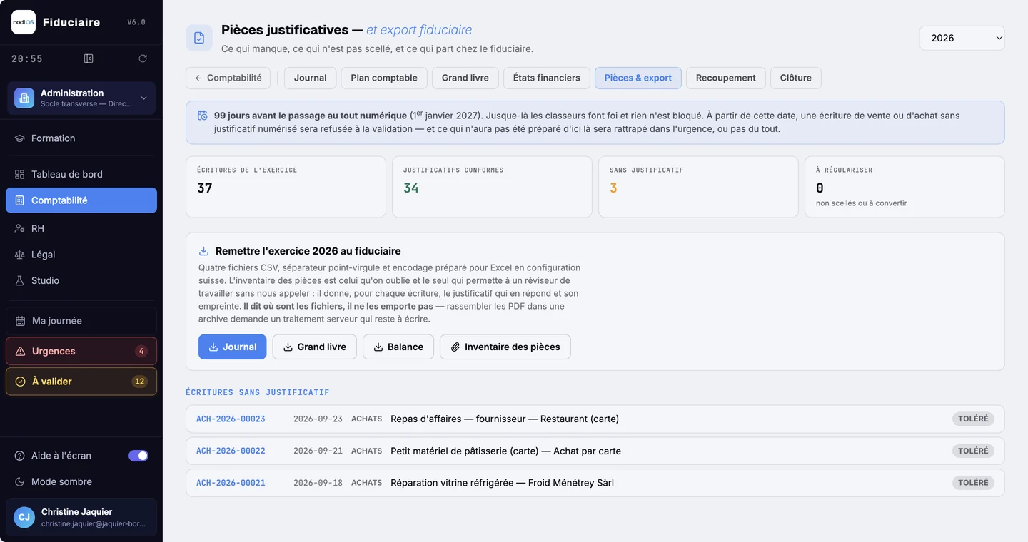 L'écran des pièces justificatives dans nodl : ce qui manque, ce qui n'est pas scellé et ce qui part chez la fiduciaire