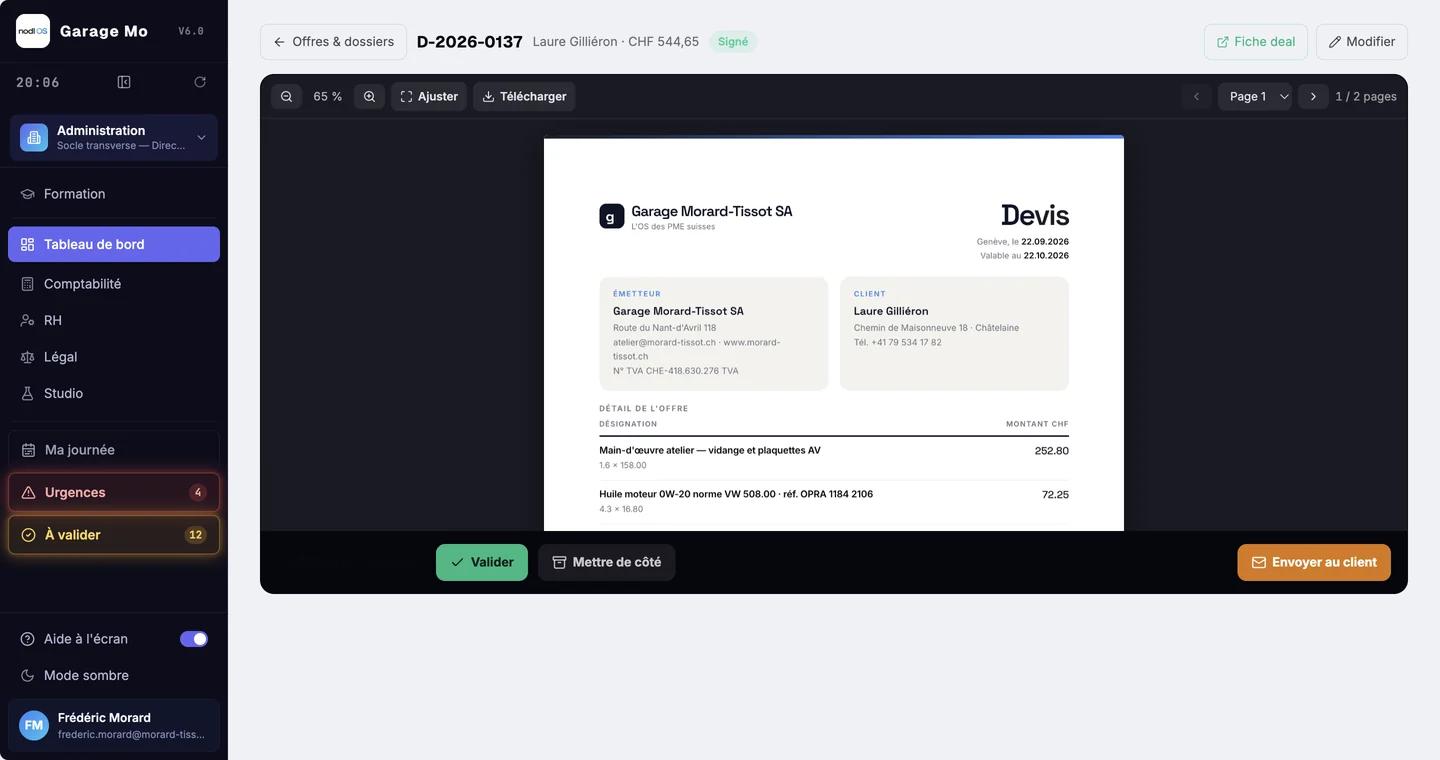 Un devis de garage ouvert dans nodl, avec les boutons Valider, Mettre de côté et Envoyer au client