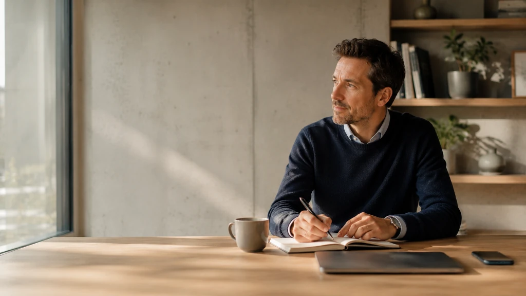 Un indépendant à sa table de travail, devant un cahier, dans une pièce claire